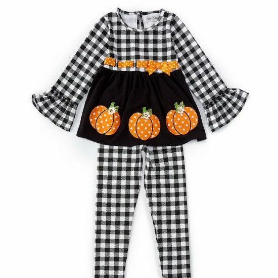 Kids * | Brand New Rare Editions Little Girls 2T-6X Long-Sleeve A-Line Pumpkin Dress & Checked Leggings Set Black