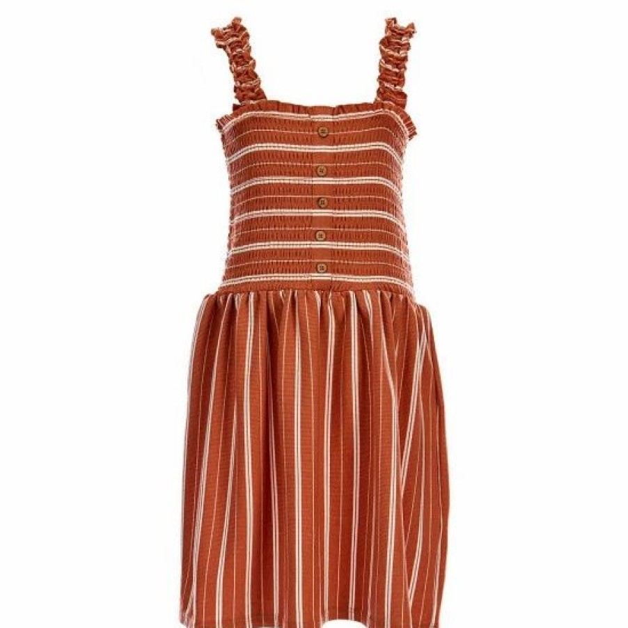 Kids * | Best Sale Rare Editions Big Girls 7-16 Horizontal To Vertical-Stripe Smocked Rib-Knit Dress Rust