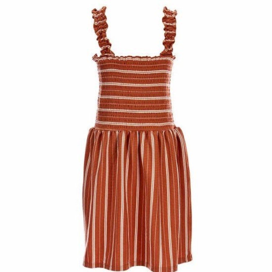 Kids * | Best Sale Rare Editions Big Girls 7-16 Horizontal To Vertical-Stripe Smocked Rib-Knit Dress Rust