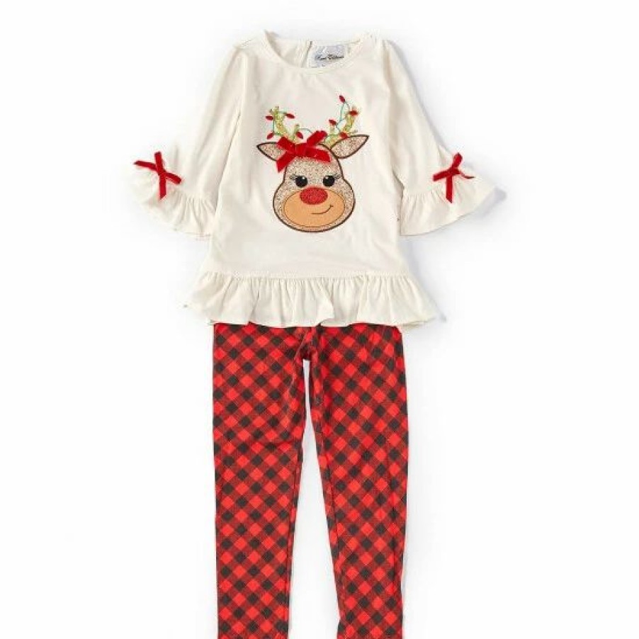 Kids * | Outlet Rare Editions Little Girls 2T-6X Solid Knit Reindeer Applique Top & Check Printed Leggings 2-Piece Set Ivory