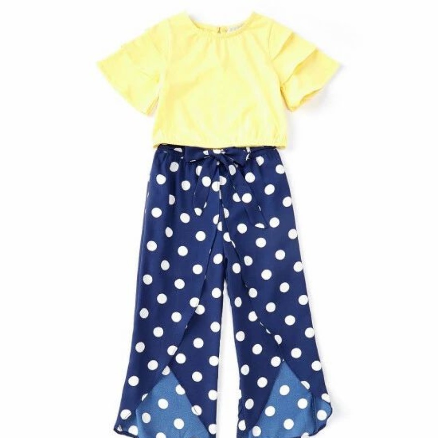 Kids * | Promo Rare Editions Big Girls 7-16 Tiered 3/4 Sleeve Solid Knit Top & Dotted Pants Set Yellow/Navy