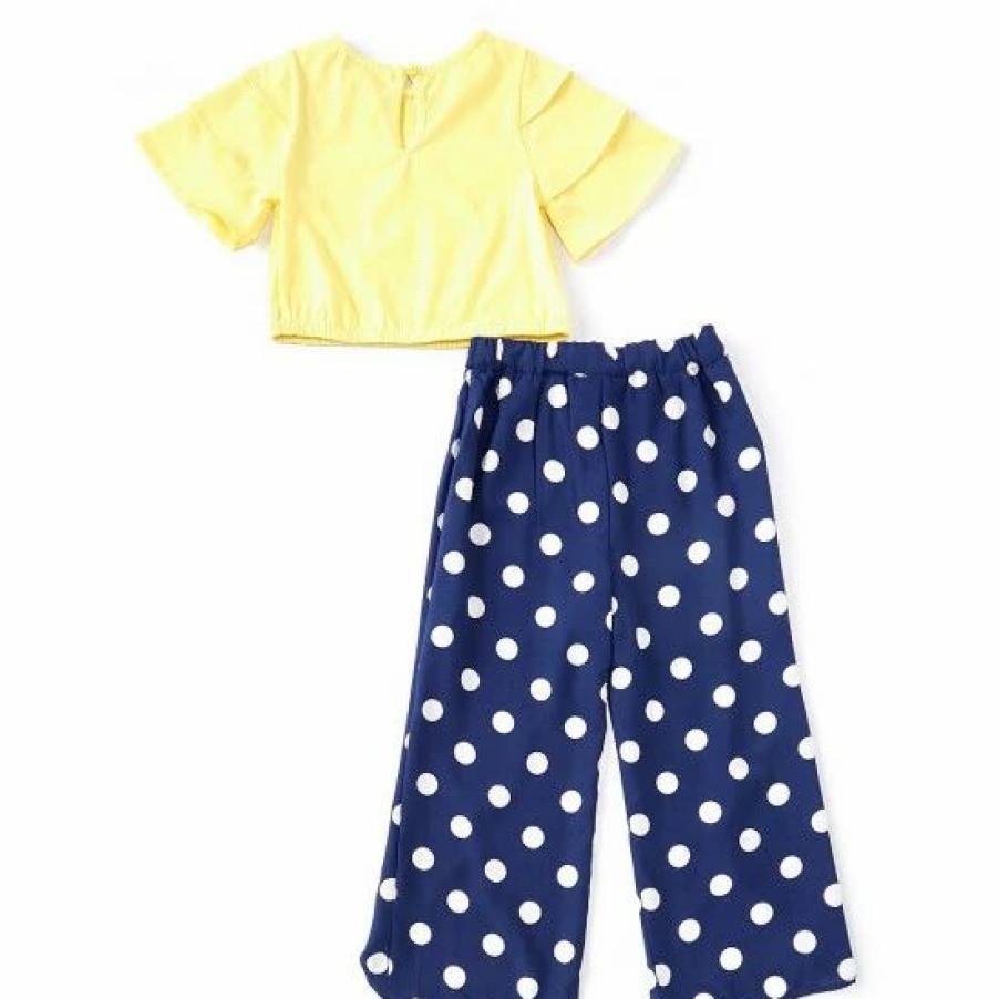 Kids * | Promo Rare Editions Big Girls 7-16 Tiered 3/4 Sleeve Solid Knit Top & Dotted Pants Set Yellow/Navy