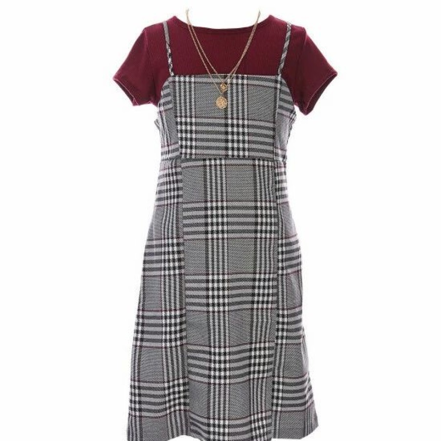 Kids * | Cheapest Rare Editions Big Girls 7-16 Sleeveless Plaid Jumper Dress, Solid Short-Sleeve Tee, Necklace & Velvet Headband 4-Piece Set Burgundy