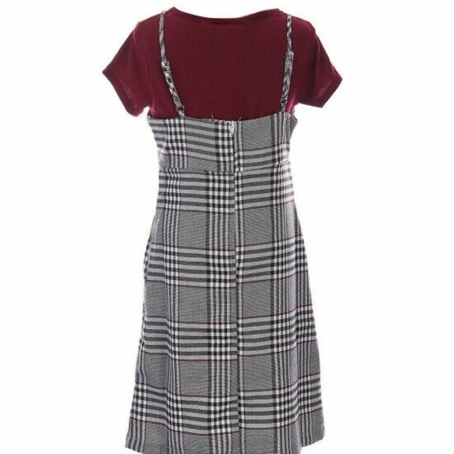 Kids * | Cheapest Rare Editions Big Girls 7-16 Sleeveless Plaid Jumper Dress, Solid Short-Sleeve Tee, Necklace & Velvet Headband 4-Piece Set Burgundy