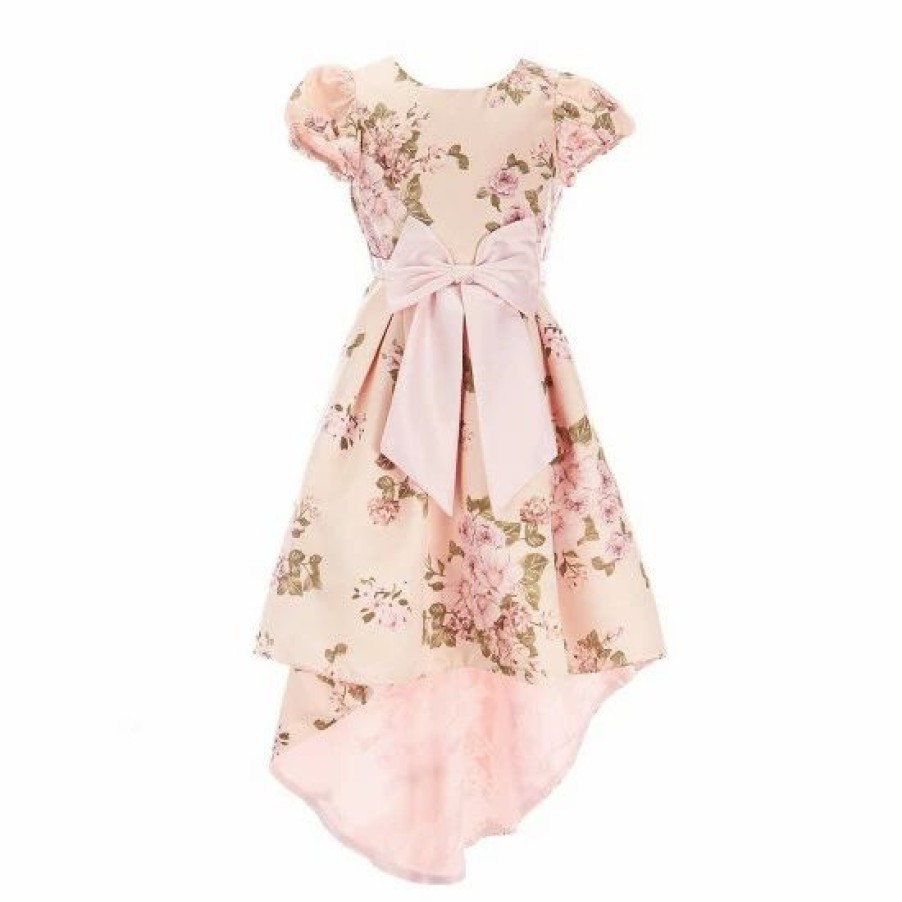 Kids * | Discount Rare Editions Big Girls 7-16 Short Sleeve Floral Satin High Low Dress Taupe