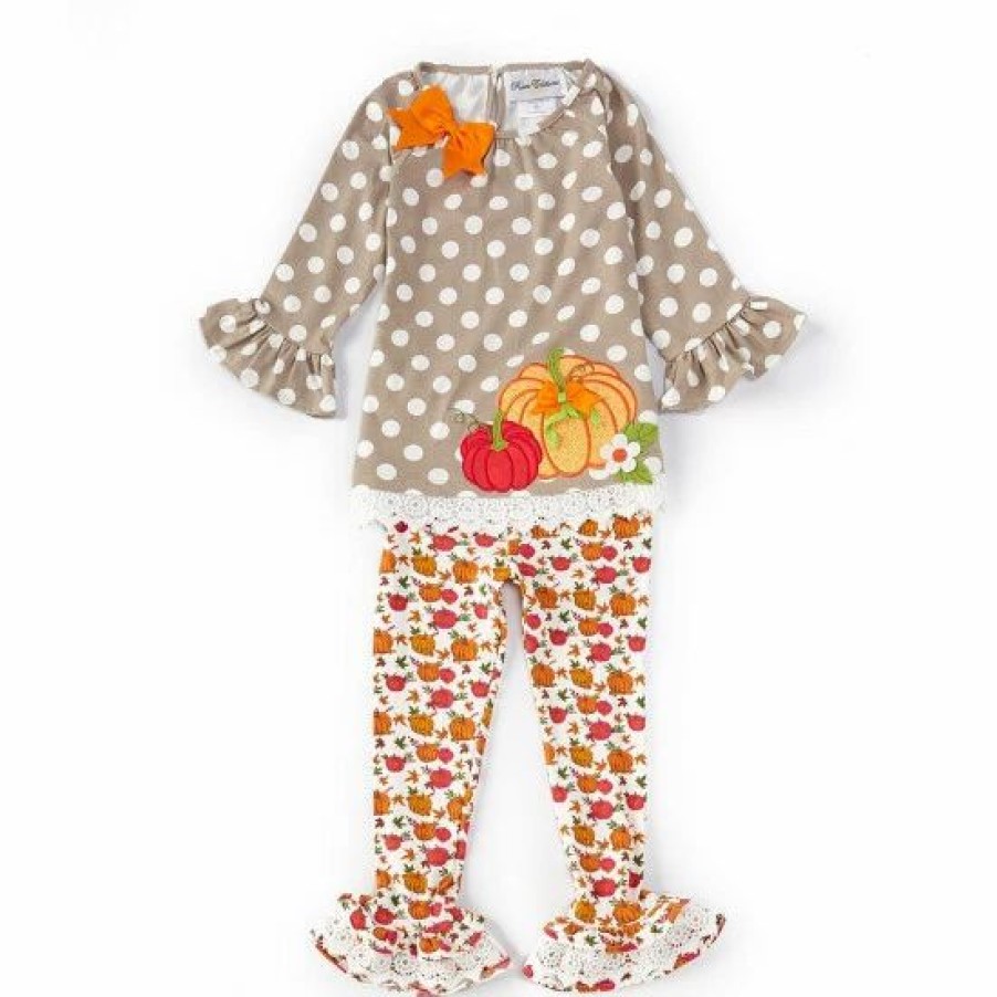 Kids * | Outlet Rare Editions Little Girls 2T-6X Long-Sleeve Dotted Pumpkin-Appliqued Tunic Top & Pumpkin-Printed Leggings Two Piece Set Gray