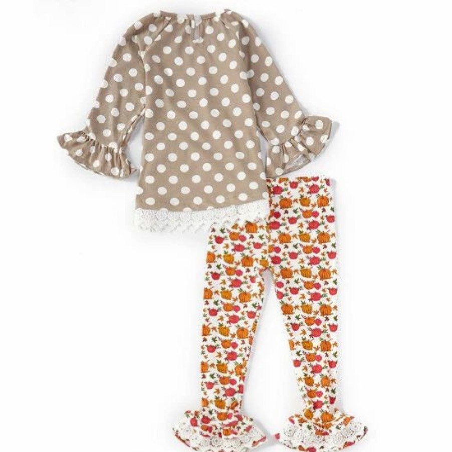 Kids * | Outlet Rare Editions Little Girls 2T-6X Long-Sleeve Dotted Pumpkin-Appliqued Tunic Top & Pumpkin-Printed Leggings Two Piece Set Gray