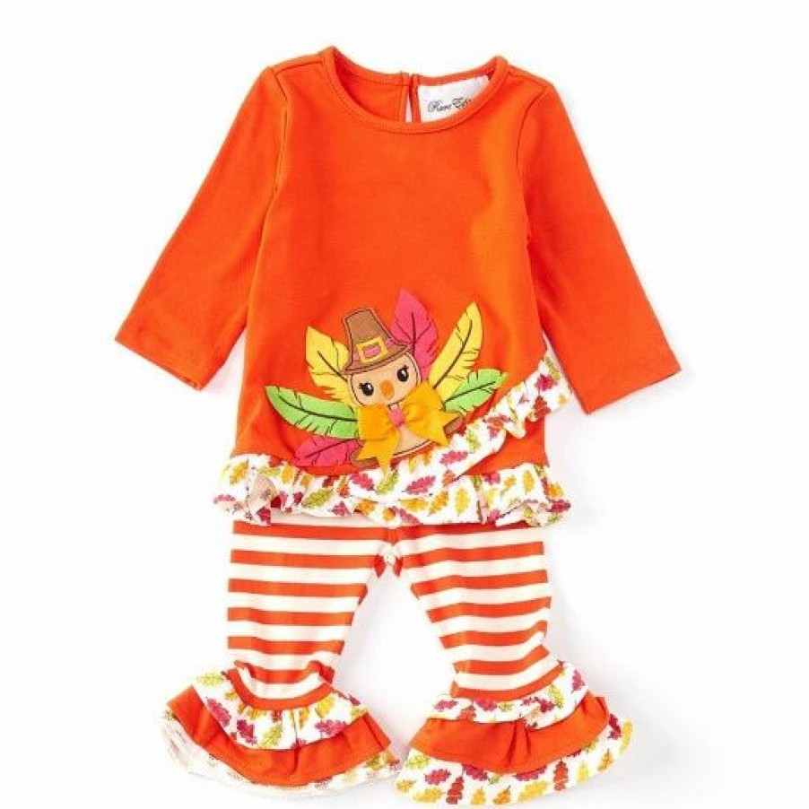 Kids * | Buy Rare Editions Baby Girls 3-24 Months Three Tier Ruffle 3/4 Sleeve Turkey Top & Stripe Print Leggings 2-Piece Set Rust