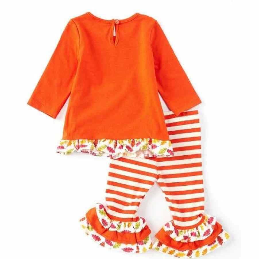 Kids * | Buy Rare Editions Baby Girls 3-24 Months Three Tier Ruffle 3/4 Sleeve Turkey Top & Stripe Print Leggings 2-Piece Set Rust