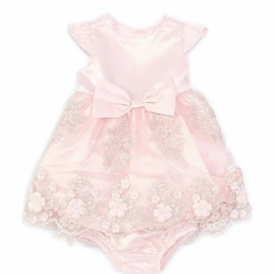 Kids * | Top 10 Rare Editions Baby Girls 3-24 Months Bow-Waist Satin/Embroidered Fit-And-Flare Dress Blush