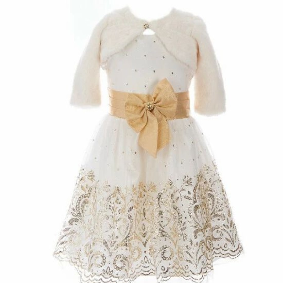 Kids * | Budget Rare Editions Little Girls 4-6X Faux-Fur Cardigan & Glitter Border Fit-And-Flare Dress Set Ivory