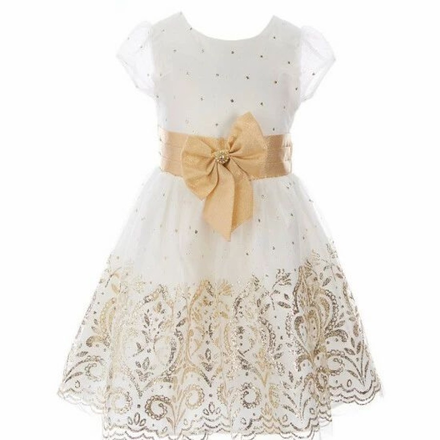 Kids * | Budget Rare Editions Little Girls 4-6X Faux-Fur Cardigan & Glitter Border Fit-And-Flare Dress Set Ivory