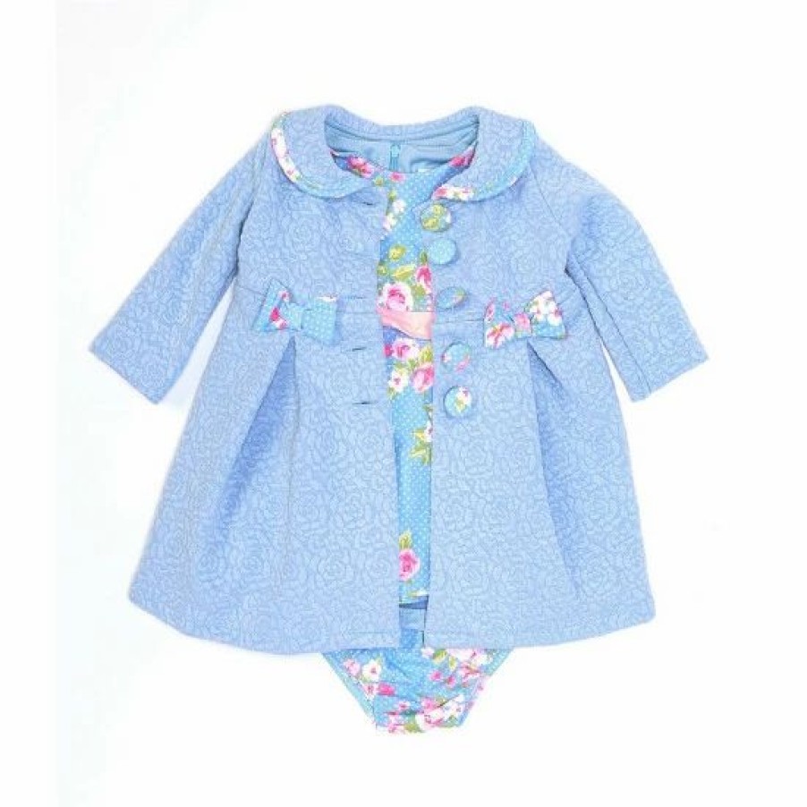 Kids * | Coupon Rare Editions Baby Girls 3-24 Months Printed Knit Dress & Textured Knit Coat Set Light Blue