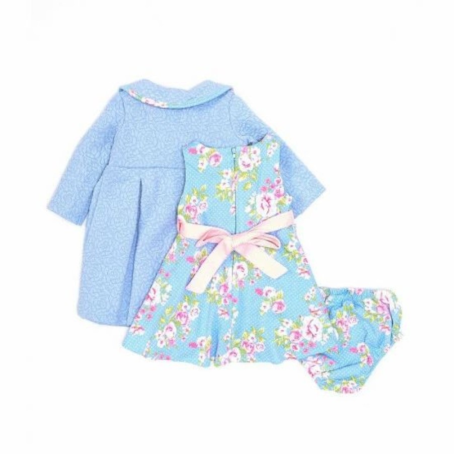 Kids * | Coupon Rare Editions Baby Girls 3-24 Months Printed Knit Dress & Textured Knit Coat Set Light Blue