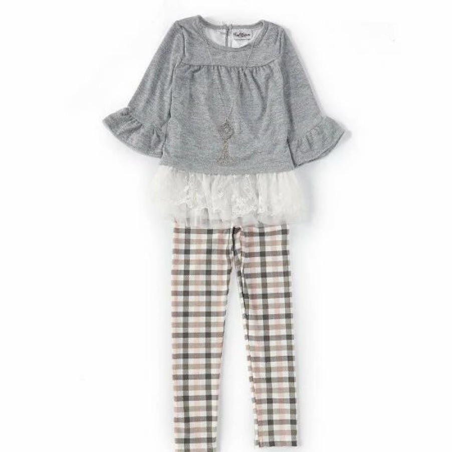 Kids * | Hot Sale Rare Editions Big Girls 7-12 Ruffle-Trimmed Knit Tunic Top & Plaid Knit Leggings 2-Piece Set Gray