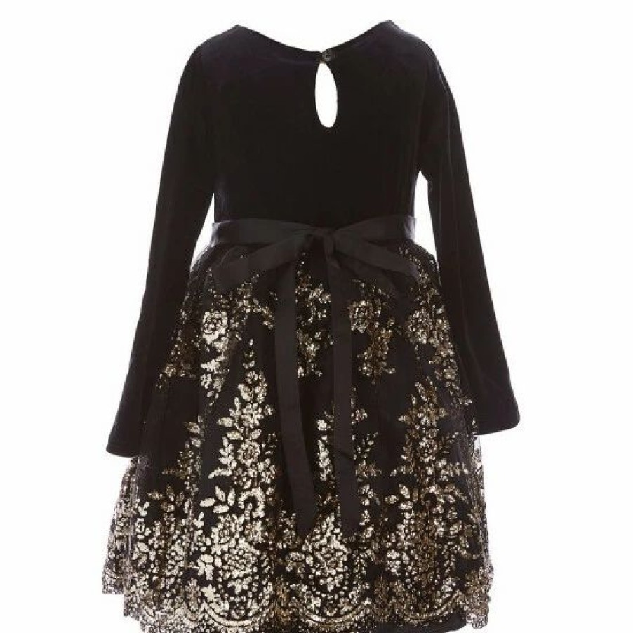 Kids * | Budget Rare Editions Little Girls 2T-6X Stretch Velvet Flocked Glitter Satin Dress Black