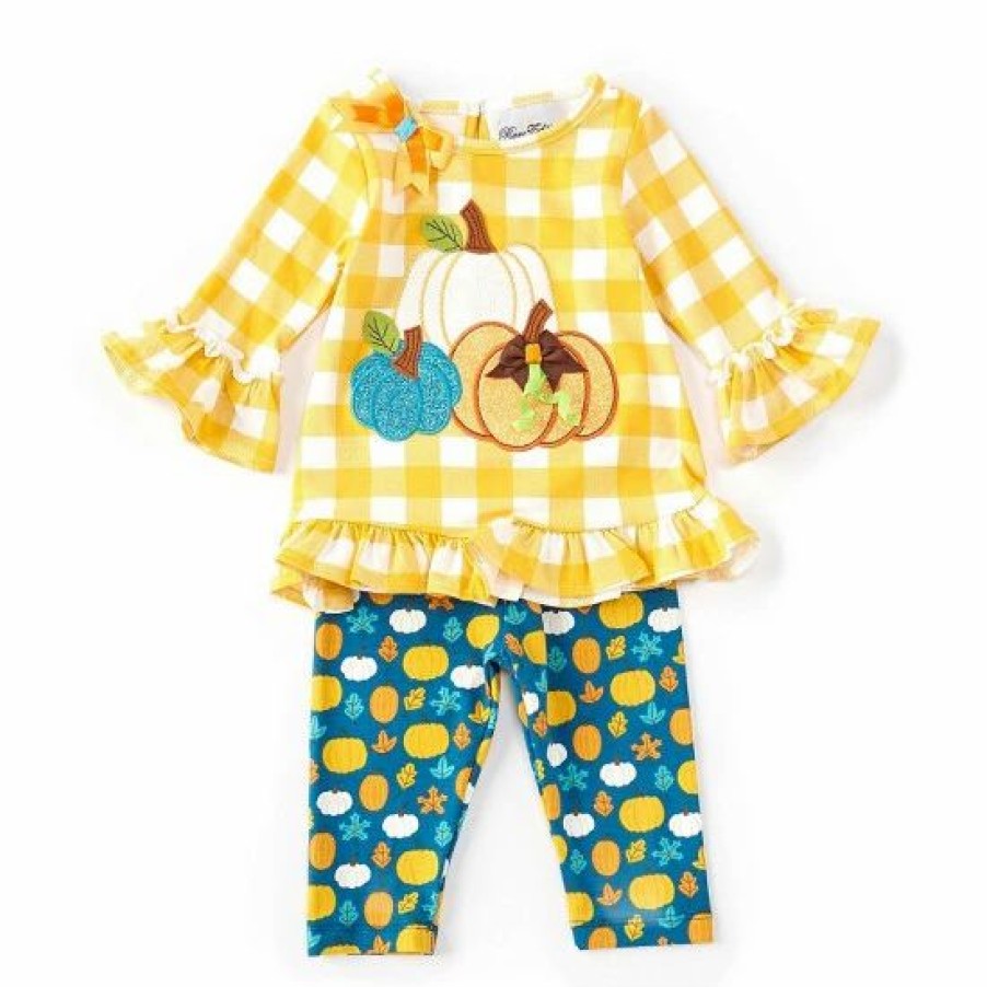 Kids * | Outlet Rare Editions Baby Girls 3-24 Months Checked Thanksgiving Pumpkin-Appliqued Tunic Top & Printed Leggings Set Mustard