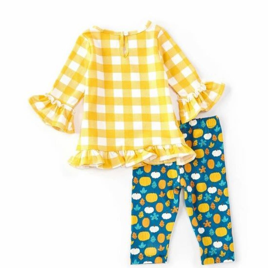 Kids * | Outlet Rare Editions Baby Girls 3-24 Months Checked Thanksgiving Pumpkin-Appliqued Tunic Top & Printed Leggings Set Mustard