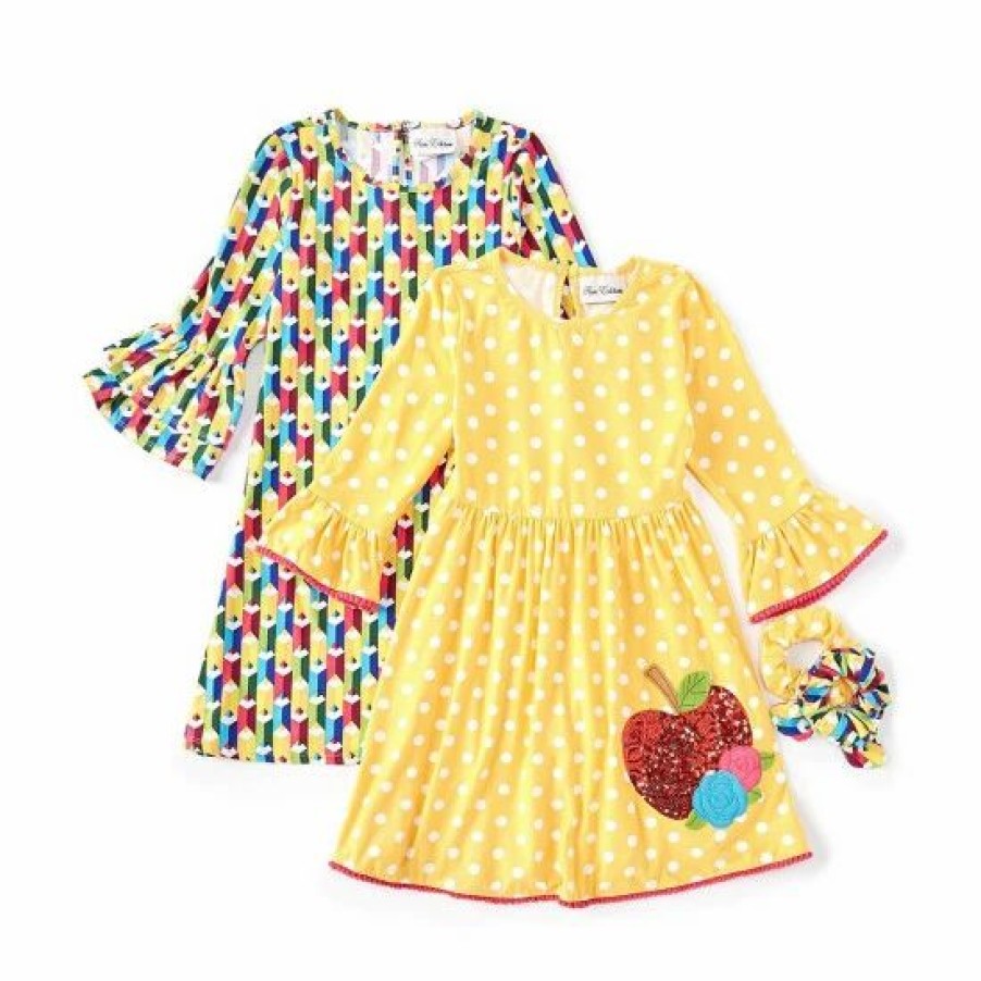 Kids * | Top 10 Rare Editions Big Girls 7-16 Pencil-Printed Shift Dress, Dot-Printed Fit-And-Flare Apple Dress & Scrunchies 4-Piece Set Mustard