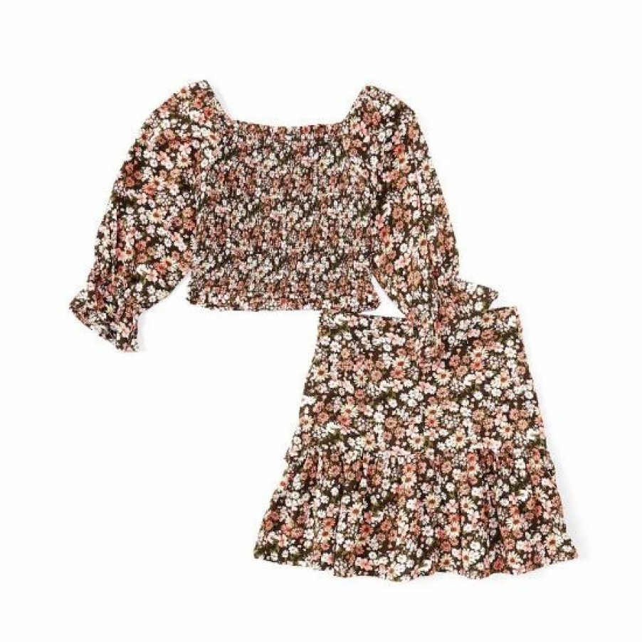 Kids * | Buy Rare Editions Big Girls 7-16 Ditsy Floral 3/4-Sleeve Cropped Top & Matching Skirt 2-Piece Set Black