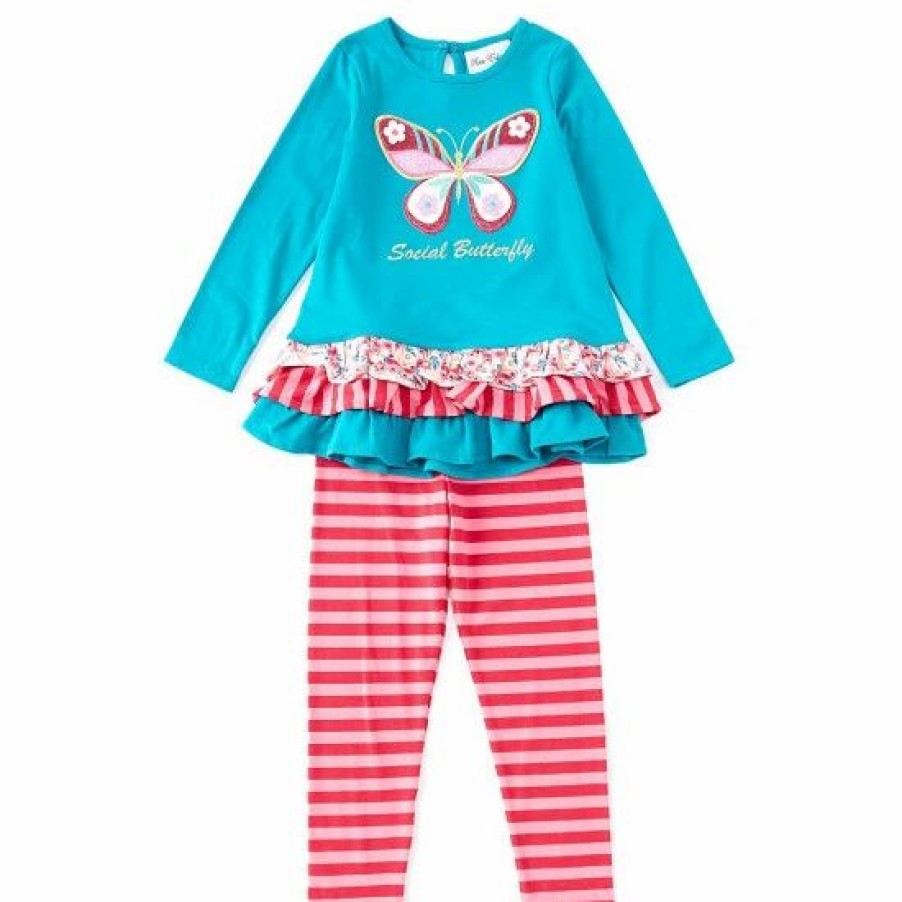 Kids * | Top 10 Rare Editions Little Girls 2T-6X Long-Sleeve Butterfly-Applique Tunic Top & Striped Leggings 2-Piece Set Turquoise/Pink