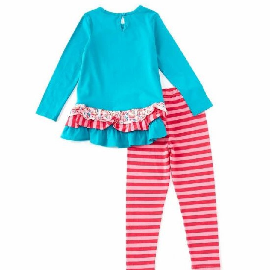 Kids * | Top 10 Rare Editions Little Girls 2T-6X Long-Sleeve Butterfly-Applique Tunic Top & Striped Leggings 2-Piece Set Turquoise/Pink