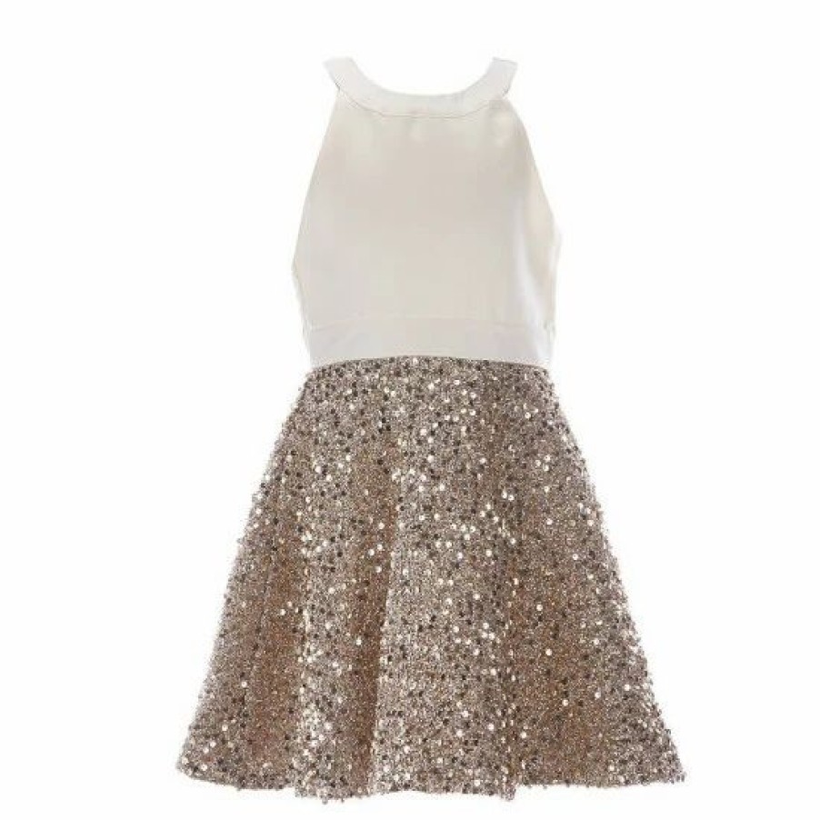 Kids * | Flash Sale Rare Editions Big Girls 7-16 Bow-Back Mikado/Sequin Fit-And-Flare Dress Gold