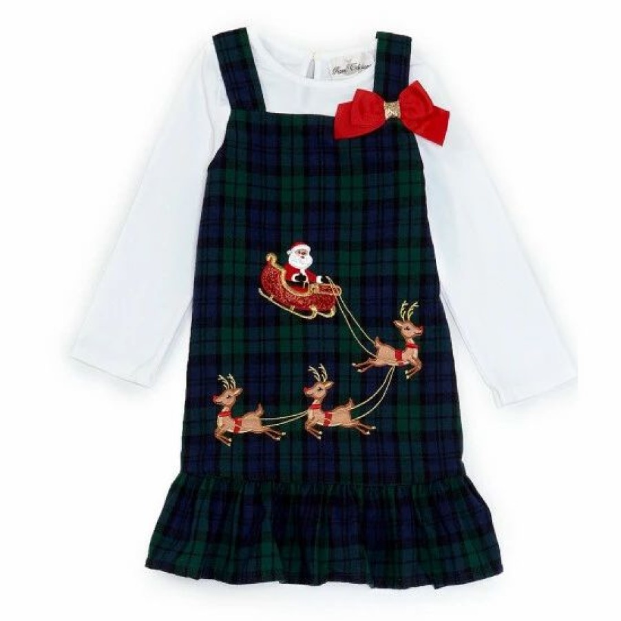 Kids * | Top 10 Rare Editions Little Girls 2T-6X Plaid Santa On Sleigh And Reindeer Jumper Over Rib Knit Top Dress Hunter Green