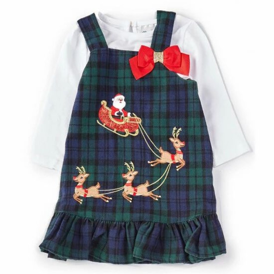 Kids * | Budget Rare Editions Baby Girls 3-24 Months Sleeveless Christmas Santa Plaid Jumper Dress & Long-Sleeve Solid Knit Tee Set Hunter