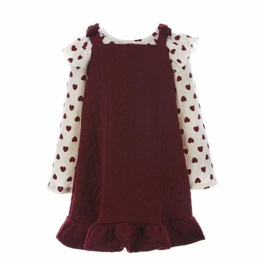 Kids * | Budget Rare Editions Little Girls 2T-6X Heart Printed Rib Knit Top Textured Knit Jumper Dress