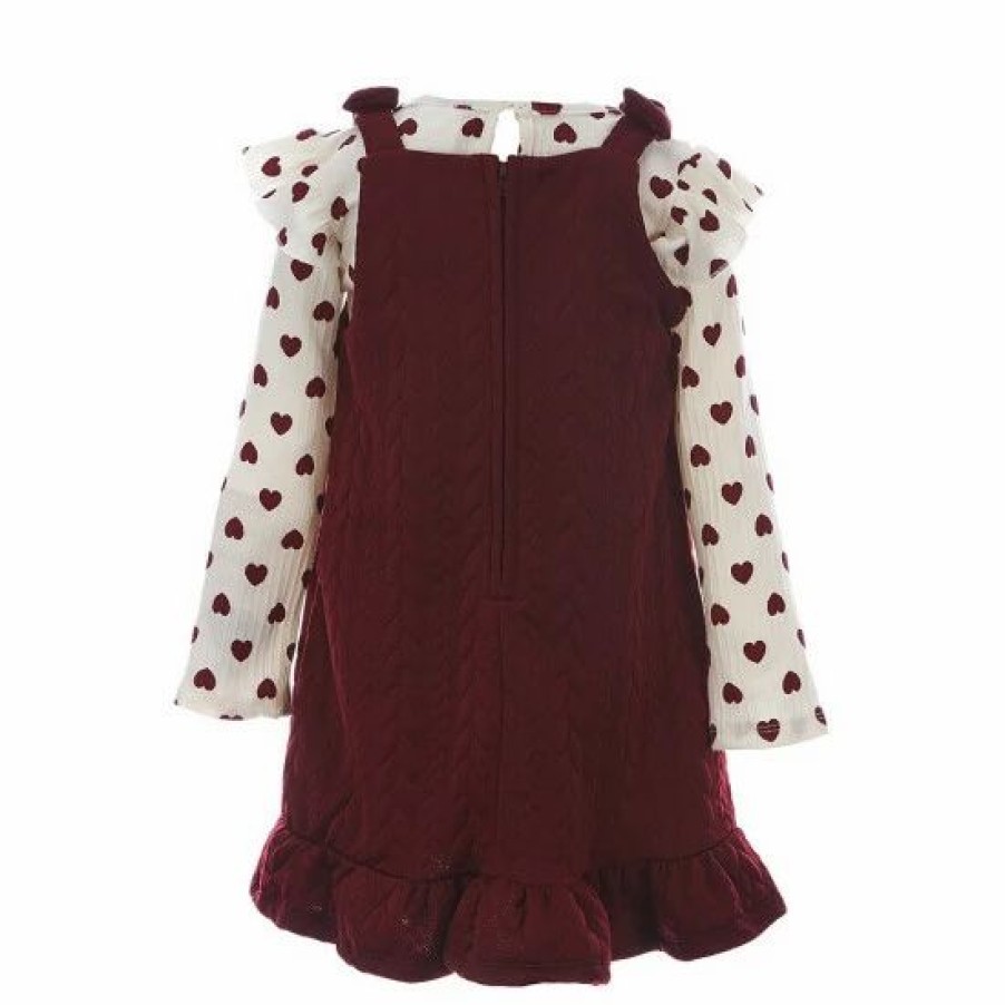 Kids * | Budget Rare Editions Little Girls 2T-6X Heart Printed Rib Knit Top Textured Knit Jumper Dress