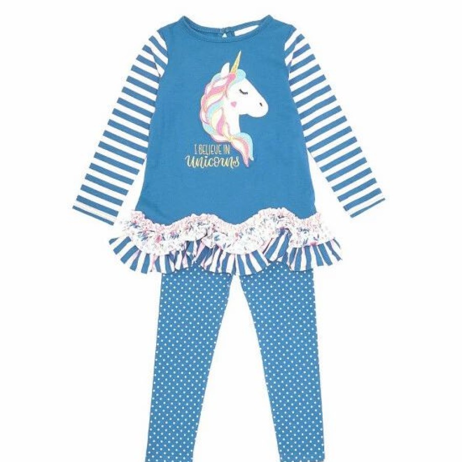 Kids * | Best Sale Rare Editions Little Girls 2T-6X Long-Sleeve Mixed-Media Unicorn-Face-Applique Tunic & Dotted Leggings 2-Piece Set Blue