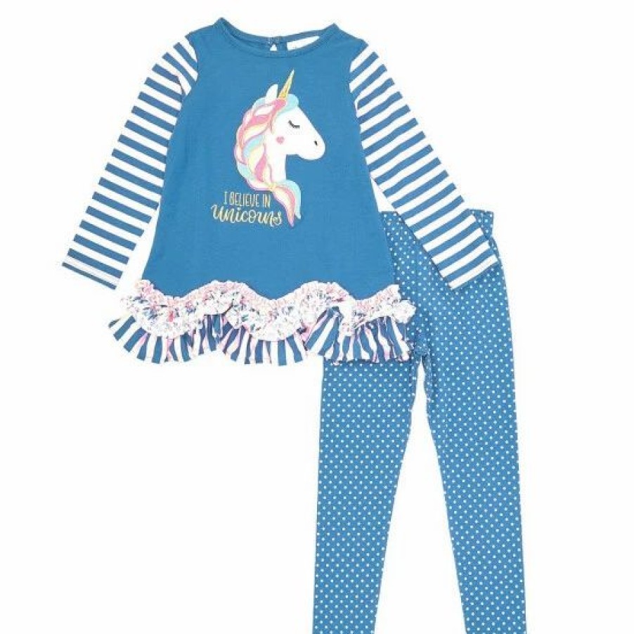 Kids * | Best Sale Rare Editions Little Girls 2T-6X Long-Sleeve Mixed-Media Unicorn-Face-Applique Tunic & Dotted Leggings 2-Piece Set Blue