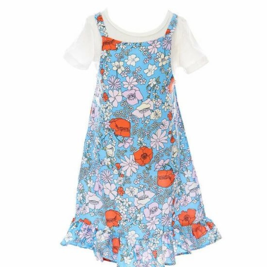 Kids * | Cheapest Rare Editions Little Girls 2T-6X Sleeveless Floral Jumper Dress & Short Sleeve Tee 2-Piece Set Blue