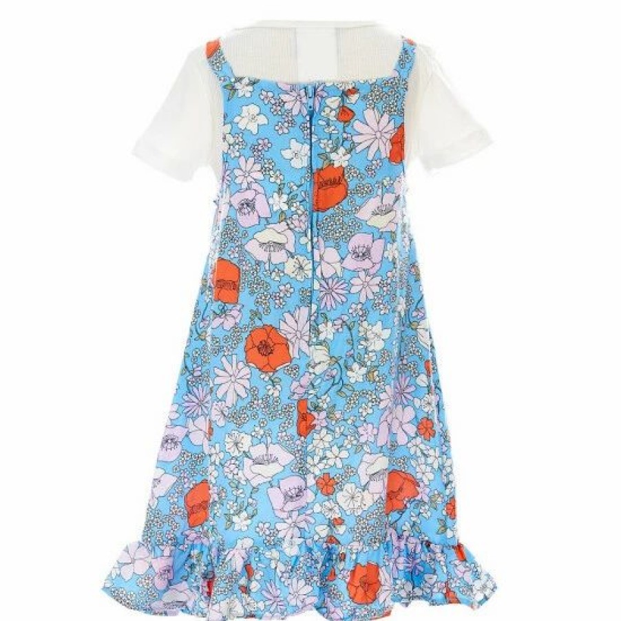 Kids * | Cheapest Rare Editions Little Girls 2T-6X Sleeveless Floral Jumper Dress & Short Sleeve Tee 2-Piece Set Blue