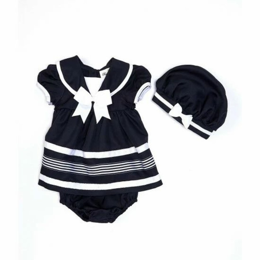 Kids * | Discount Rare Editions Baby Girls 3-24 Months Short Sleeve Nautical Sailor Dress & Hat Set Navy