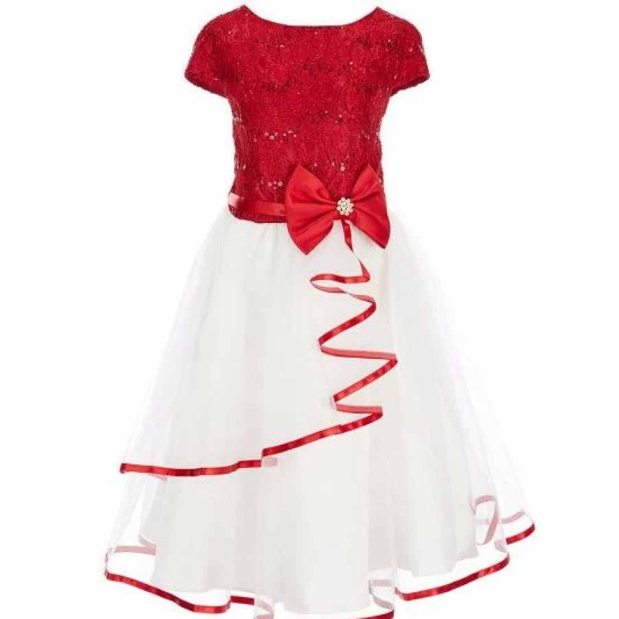 Kids * | New Rare Editions Big Girls 7-16 Cap-Sleeve Glitter Lace Bodice Satin Bow Tiered Mesh Cascade Ribbon Hem Dress Red/White