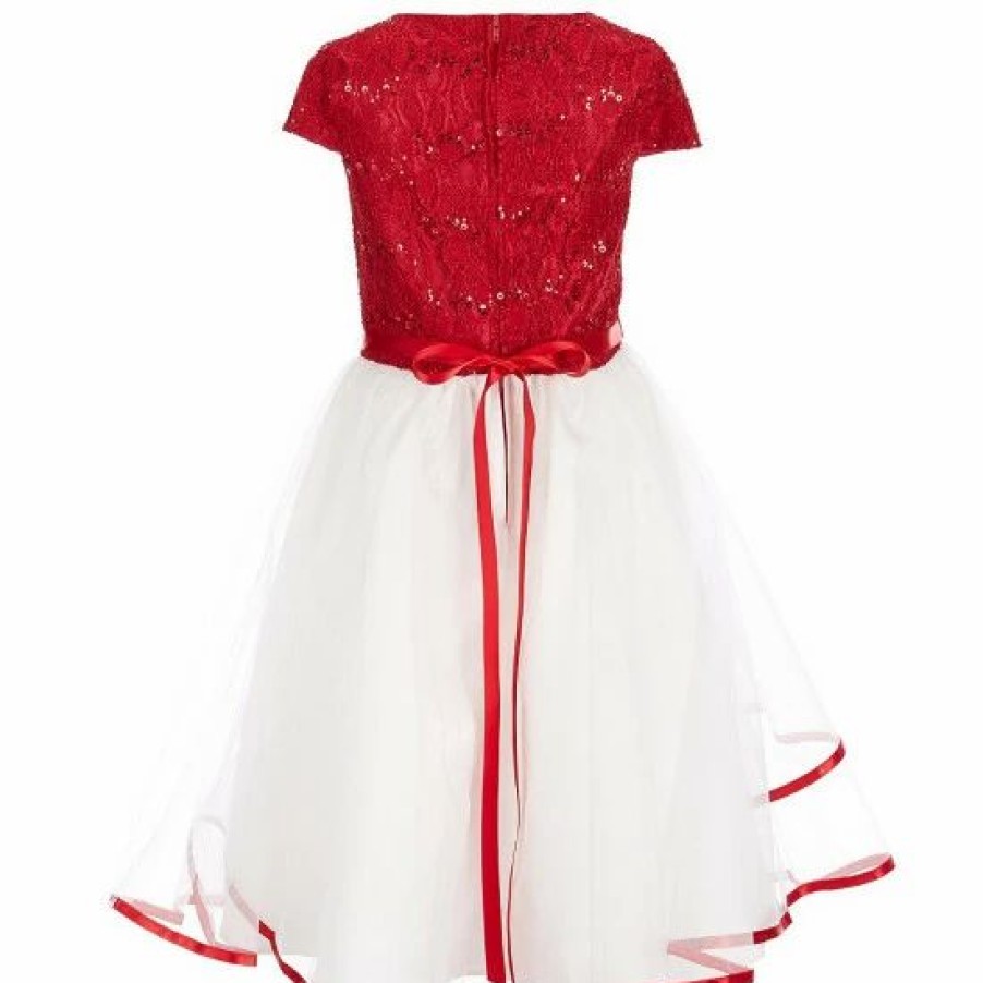 Kids * | New Rare Editions Big Girls 7-16 Cap-Sleeve Glitter Lace Bodice Satin Bow Tiered Mesh Cascade Ribbon Hem Dress Red/White