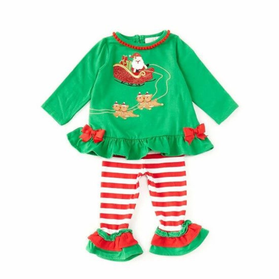 Kids * | New Rare Editions Baby Girls 3-24 Months Long-Sleeve Santa Sleigh Applique Knit Top & Striped Leggings Set Green/Red/White