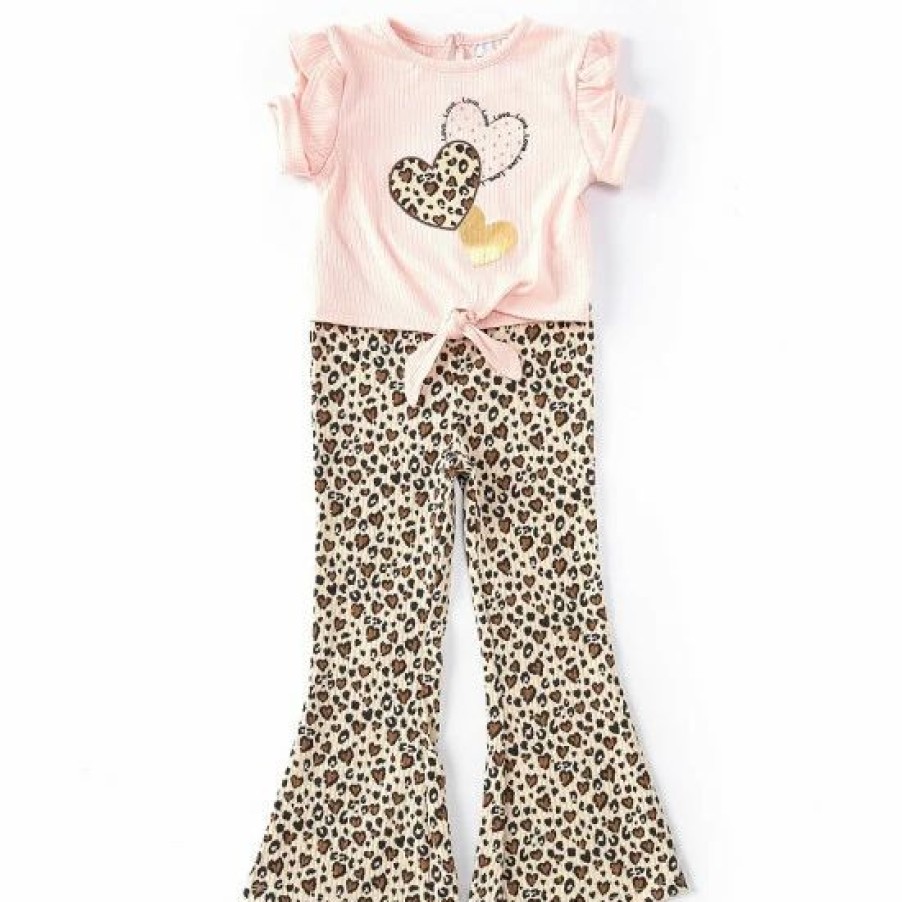 Kids * | Best Reviews Of Rare Editions Little Girls 2T-6X Short-Sleeve Heart-Applique Tee & Leopard-Printed Leggings 2-Piece Set Blush