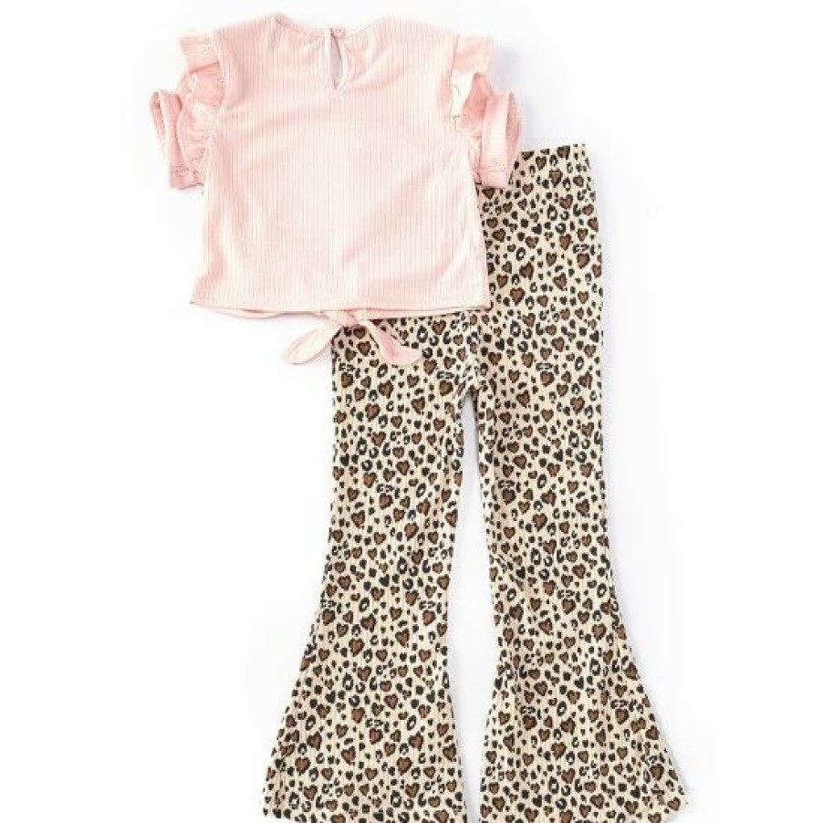 Kids * | Best Reviews Of Rare Editions Little Girls 2T-6X Short-Sleeve Heart-Applique Tee & Leopard-Printed Leggings 2-Piece Set Blush