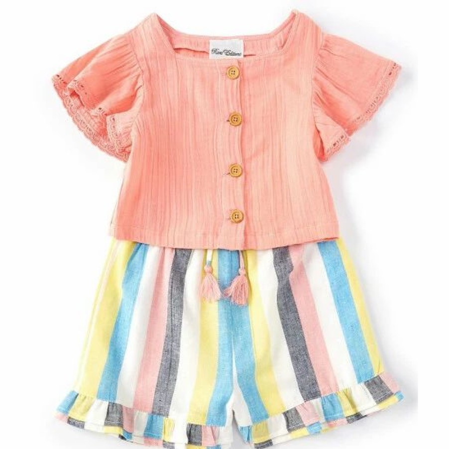 Kids * | Top 10 Rare Editions Big Girls 7-16 Solid Flutter-Sleeve Top & Yarn-Dyed-Striped Shorts 2-Piece Set Coral Multi