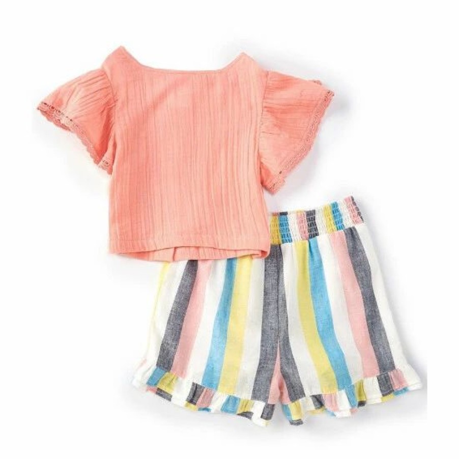 Kids * | Top 10 Rare Editions Big Girls 7-16 Solid Flutter-Sleeve Top & Yarn-Dyed-Striped Shorts 2-Piece Set Coral Multi