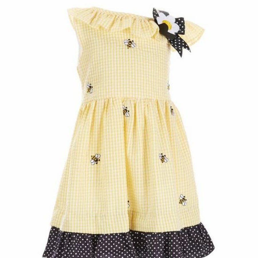 Kids * | Brand New Rare Editions Little Girls 2T-6X Embroidered Bee Schiffly Seersucker Dress Yellow