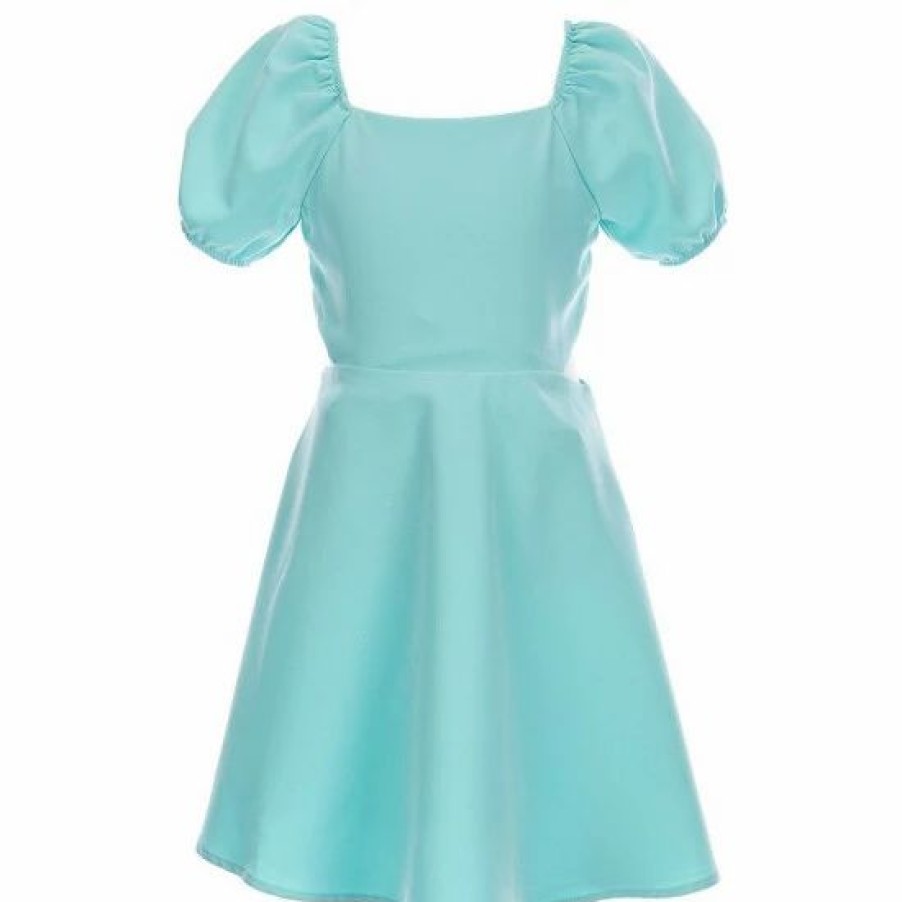 Kids * | Wholesale Rare Editions Big Girls 7-16 Puffed-Sleeve Side-Cutout Smocked Tie Back Fit-And-Flare Dress Aqua