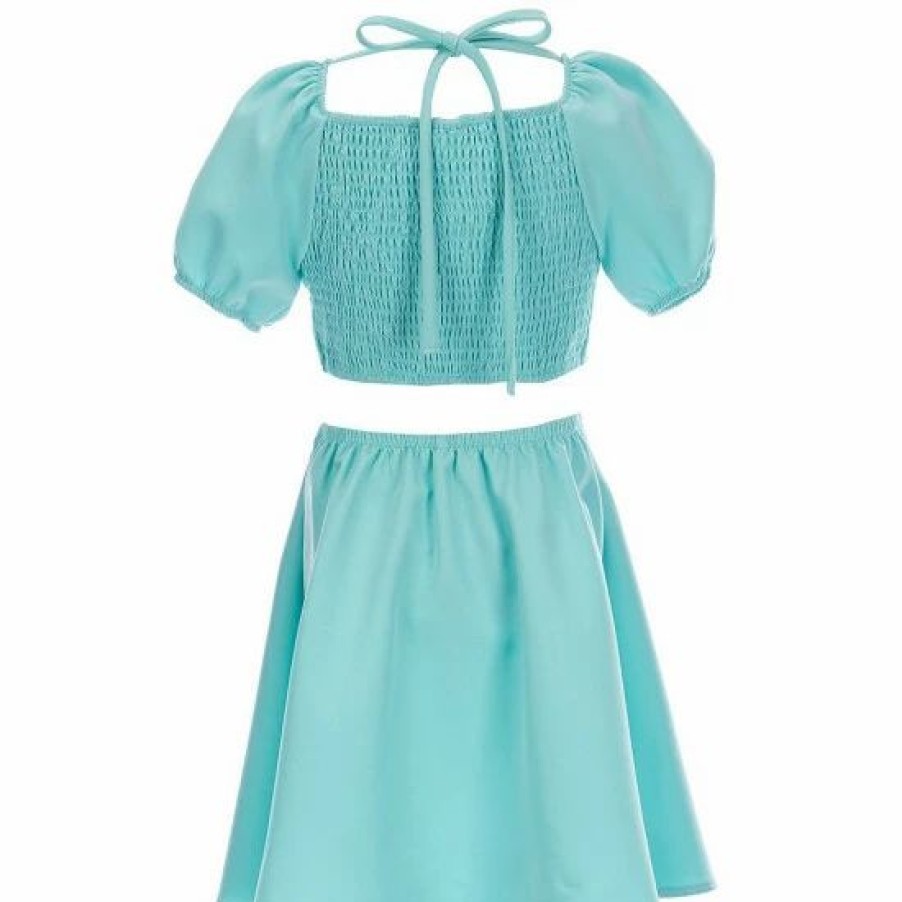 Kids * | Wholesale Rare Editions Big Girls 7-16 Puffed-Sleeve Side-Cutout Smocked Tie Back Fit-And-Flare Dress Aqua