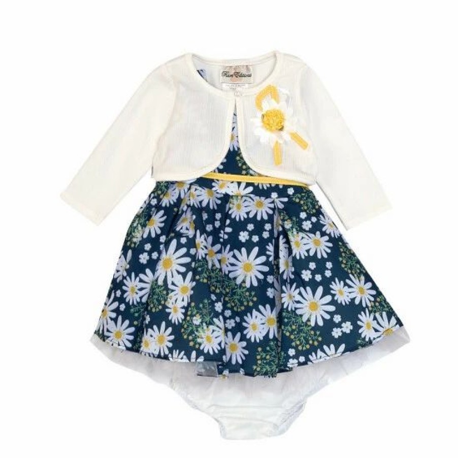 Kids * | Hot Sale Rare Editions Baby Girls 3-24 Months Printed Floral Daisy Poplin Ruffles Cardigan Dress Navy