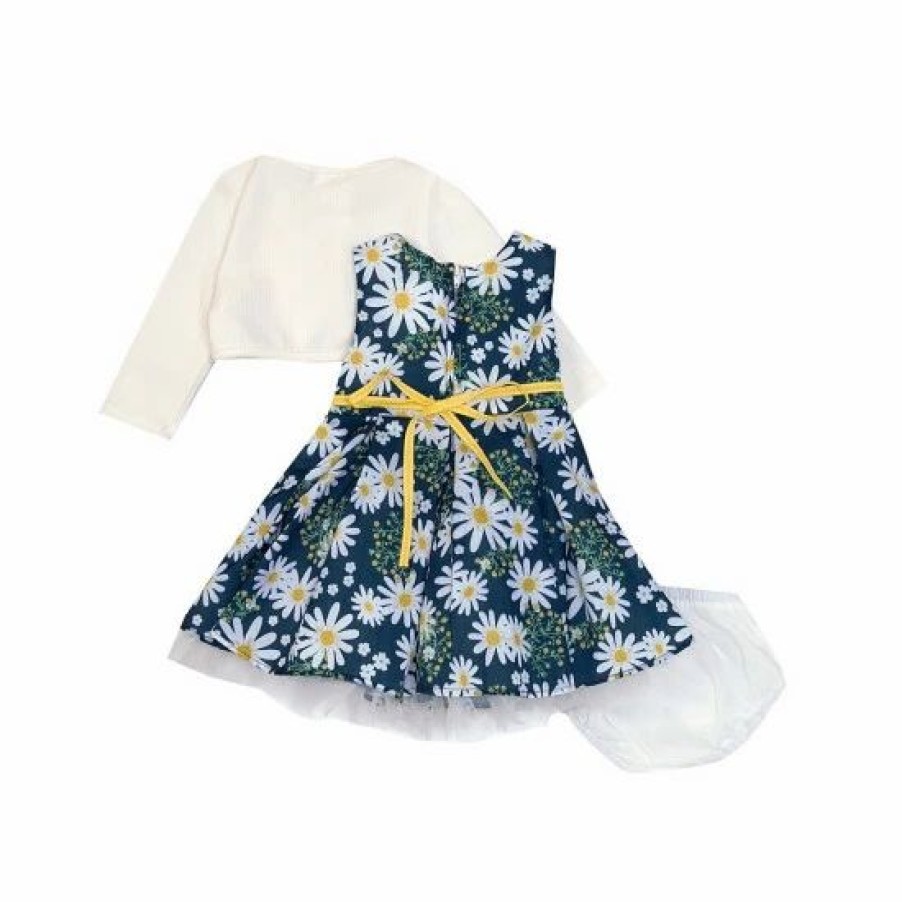 Kids * | Hot Sale Rare Editions Baby Girls 3-24 Months Printed Floral Daisy Poplin Ruffles Cardigan Dress Navy