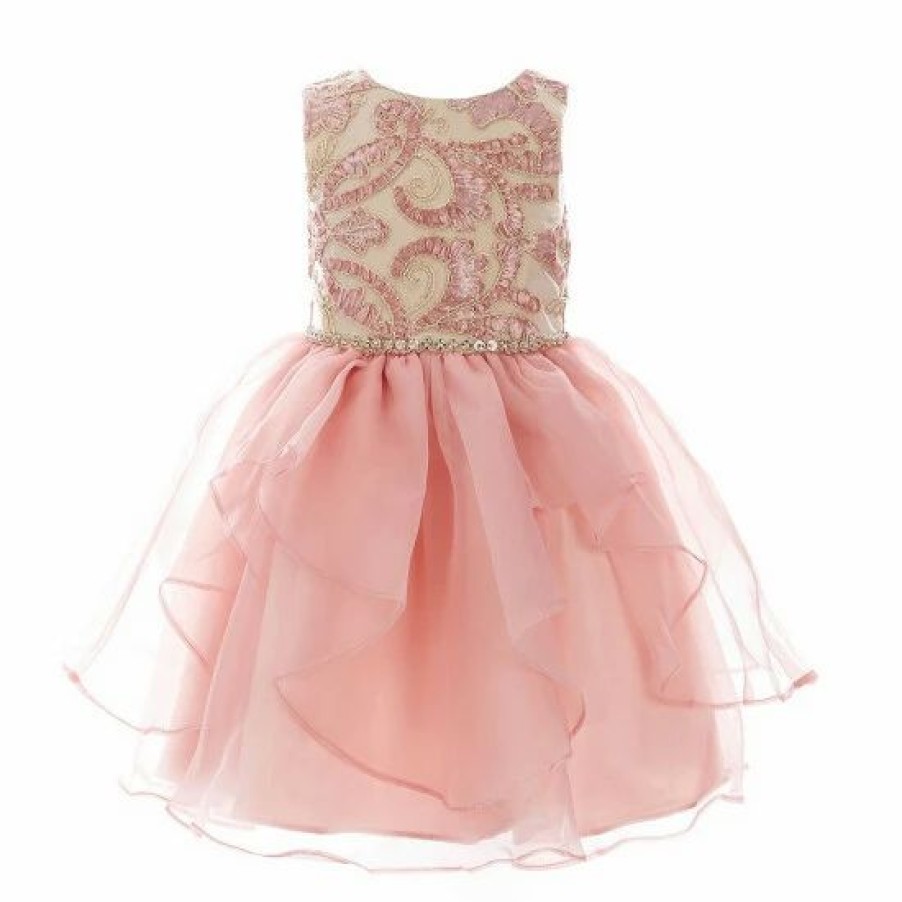 Kids * | Brand New Rare Editions Little Girls 2T-6X Ribbon Soutache Organza Cascade Printed Dress Blush