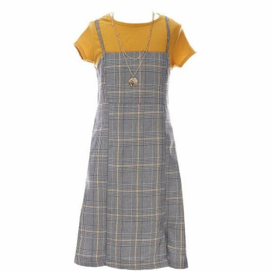 Kids * | Coupon Rare Editions Big Girls 7-16 Sleeveless Plaid Challis Jumper Dress, Short-Sleeve Knit Top, Necklace & Hair Bow 4-Piece Set Mustard/Plaid